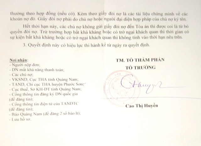 Quyết định của Tòa án tỉnh Quảng Nam mở thủ tục phá sản Công ty vàng Phước Sơn