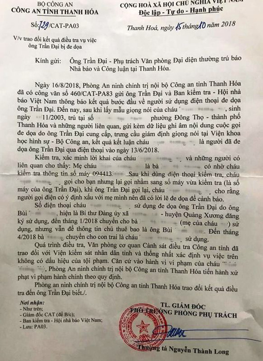 Bất ngờ với người gọi điện dọa giết Phụ trách Văn phòng Báo Nhà báo và Công luận Bất ngờ với người gọi điện dọa giết Phụ trách Văn phòng Báo Nhà báo và Công luận