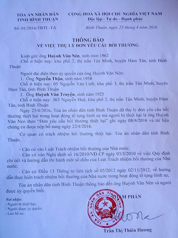 TAND tỉnh Bình Thuận chính thức tiếp nhận đơn yêu cầu bồi thường của ông Nén, hiện ông Nén và đại diện TAND tỉnh Bình Thuận đã có buổi làm việc đầu tiên được xem là khá thành công