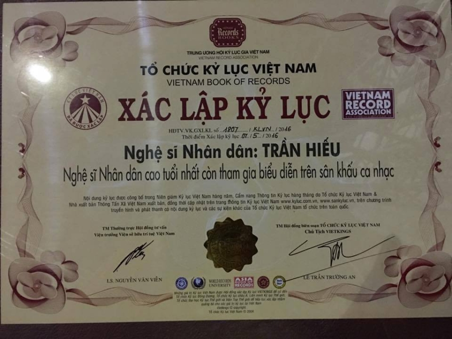 Bằng xác lập kỷ lục dành cho NSND Trần Hiếu.
