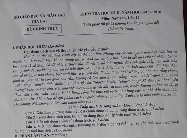 Đề thi môn Ngữ Văn của Sở GD&ĐT Gia Lai