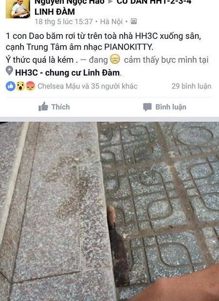  Dao to rơi xuống sân cách người đi bộ ít mét. Ảnh: Nhóm cư dân HH 