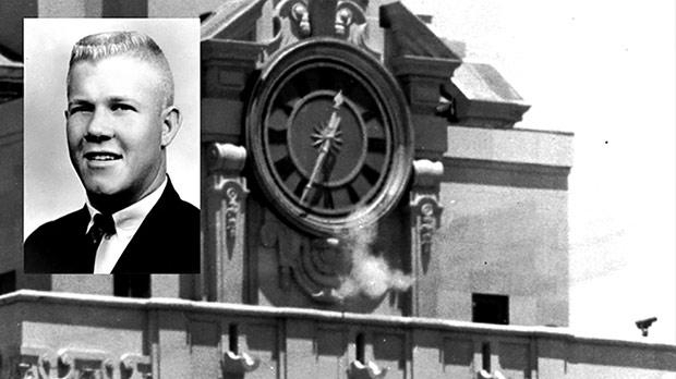 Charles Whitman (ảnh nhỏ) đã trèo qua tháp đồng hồ tại Đại học Texas để thực hiện vụ xả súng tại đây (Ảnh: Timesofmalta)