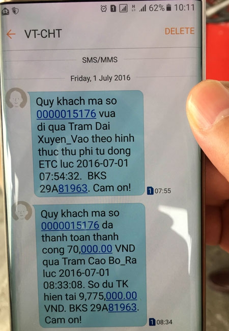 ETC báo về điện thoại của chủ phương tiện về thực hiện thu phí tự động thành công, chủ phương tiện có thể kiểm tra mọi thông tin về tài khoản, mức phí, quãng đường ngay tại chỗ