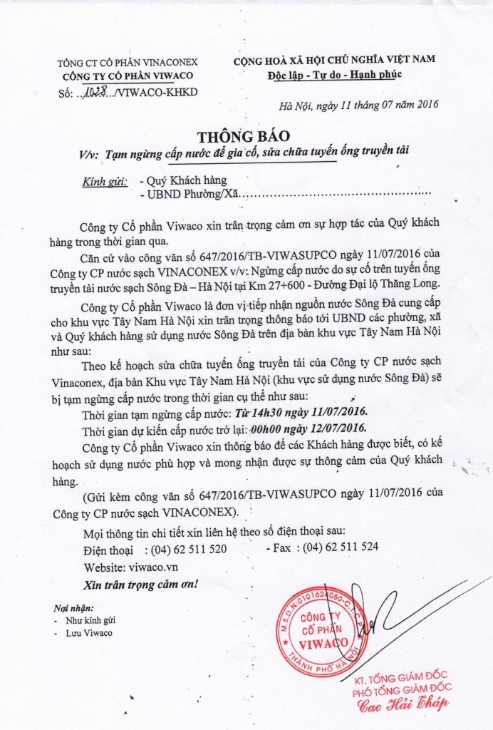 Thông báo ngừng cấp nước của Công ty CP VIWACO.