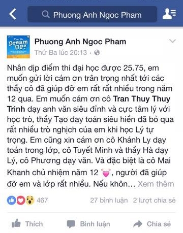  Phương Anh chia sẻ niềm vui trên facebook cá nhân. 