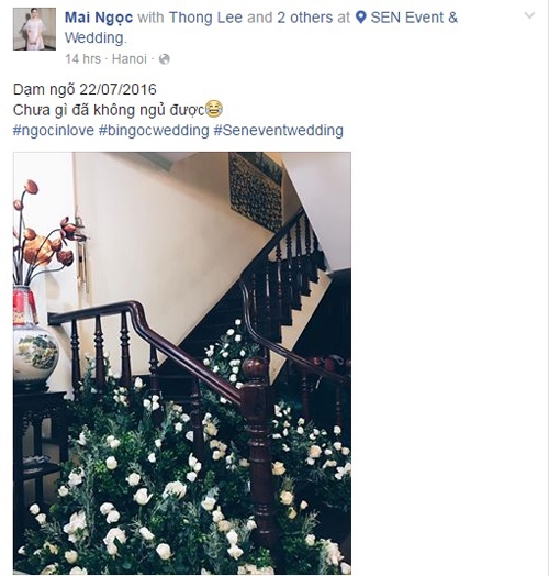 Đêm 21/7, Mai Ngọc chia sẻ trên facebook cá nhân tâm trạng hồi hộp, bồi hồi đến không ngủ được trước ngày trọng đại. Theo phong tục cưới hỏi miền Bắc, lễ dạm ngõ là buổi gặp gỡ giữa hai gia đình. Nhà trai xin đến nhà gái đặt vấn đề chính thức cho đôi nam nữ được tìm hiểu nhau một cách kỹ càng hơn trước khi đi đến quyết định hôn nhân