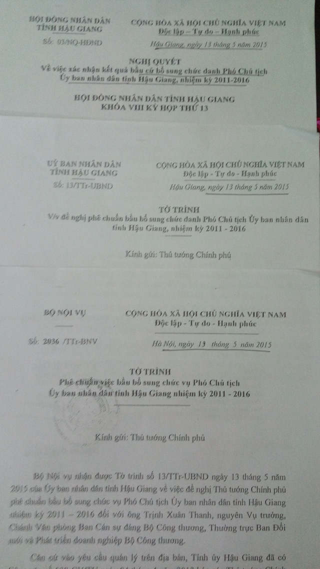  Trong ngày 13/5/2015, một loạt văn bản nối nhau để trình Thủ tướng phê chuẩn ông Trịnh Xuân Thanh làm Phó Chủ tịch UBND tỉnh Hậu Giang 
