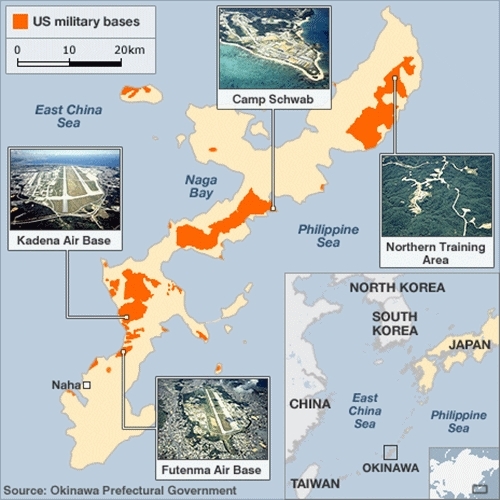 Vị trí các căn cứ quân sự Mỹ trên đảo Okinawa, Nhật Bản. Đồ họa:BBC.