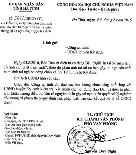 Công văn của UBND tỉnh yêu cầu Giám đốc Công an tỉnh này chỉ đạo các đơn vị liên quan, phối hợp UBND huyện Kỳ Anh điều tra, làm rõ vụ việc.