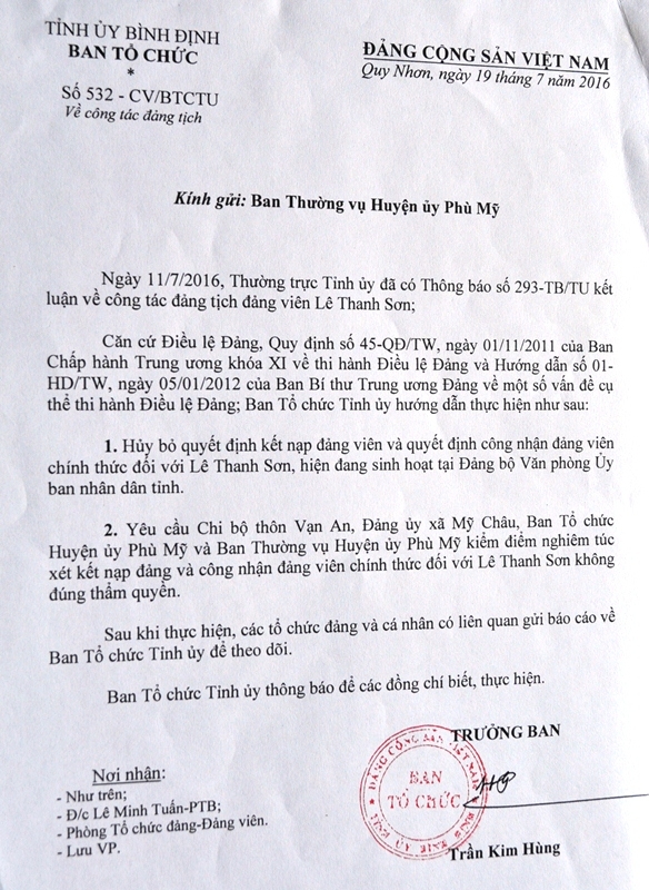 Ban Tổ chức Tỉnh ủy ra quyết định hủy bỏ quyết định kết nạp đảng viên và công nhận đảng viên chính thức đối với ông Sơn