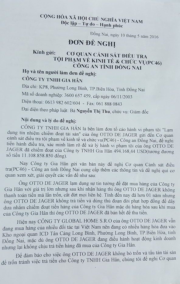  Đơn đề nghị của Gia Hân gửi cơ quan chức năng 