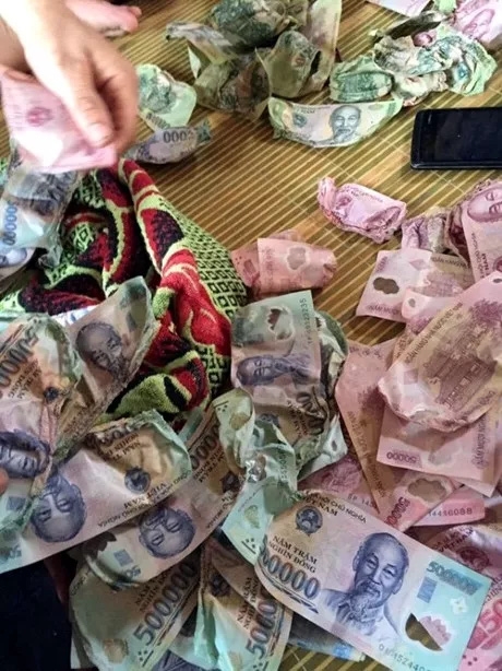  Hơn 30 triệu đồng của gia đình anh Hậu bị co rúm do hong khô bằng máy sấy (ảnh do gia đình cung cấp). 