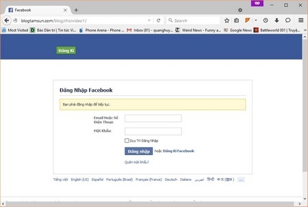 Một trang web giả mạo giao diện Facebook, yêu cầu người dùng điền thông tin đăng nhập Facebook để lấy cắp tài khoản