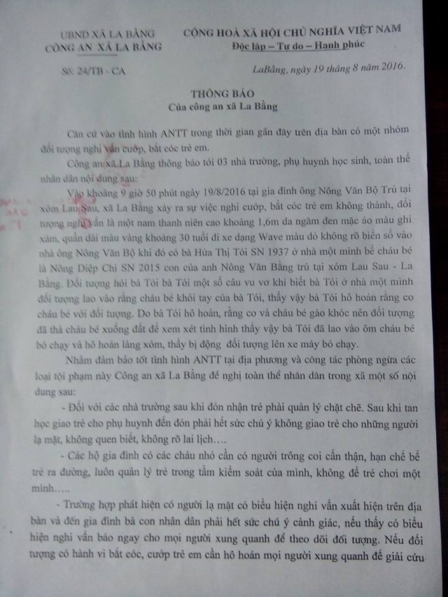 Thông báo của công an xã La Bằng ngay trong ngày 19/8. Ảnh: Gia đình cung cấp