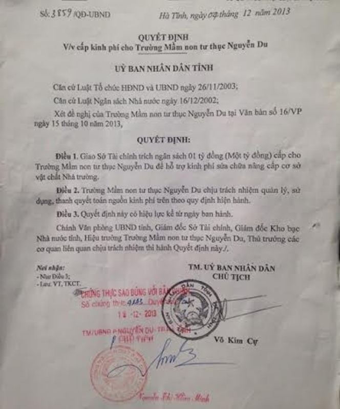  Quyết định trích 1 tỷ đồng tiền ngân sách cho Trường Mầm non tư thục Nguyễn Du do ông Cự ký. 