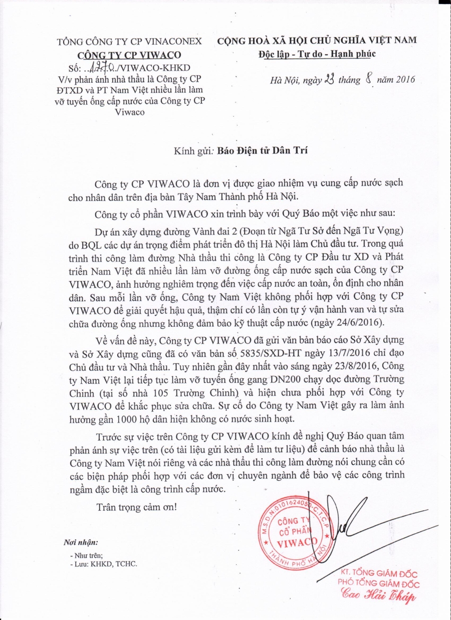 Đơn phản ánh của Công ty Viwaco gửi báo Dân trí.