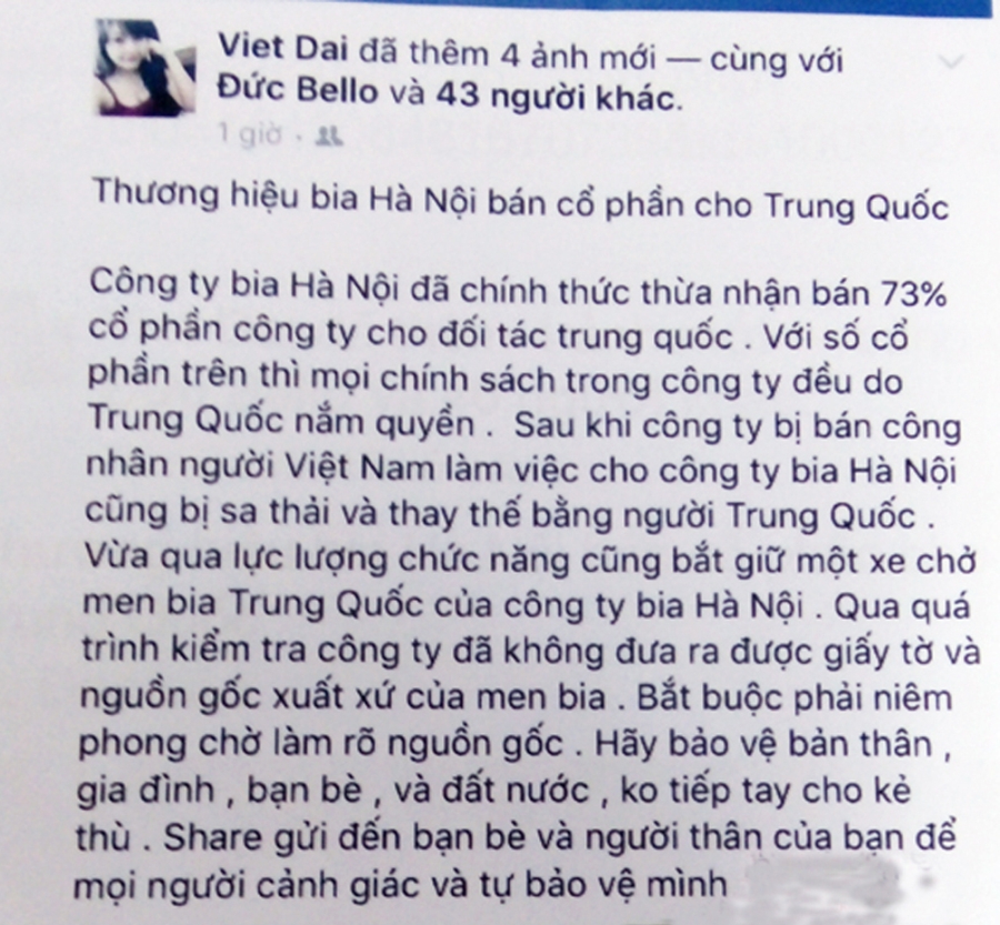 Trần Tuấn Vĩnh tung tin thất thiệt nhằm hạ uy tín một doanh nghiệp trên Facebook. 