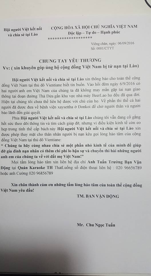 Cộng đồng người Việt tại Lào kêu gọi đóng góp đưa thi thể nạn nhân về nước. 