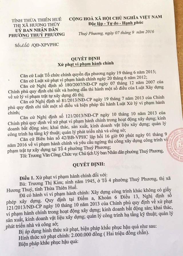 Quyết định xử phạt 2 triệu đồng với các công trình sai pháp luật ở khu đất bà Kim
