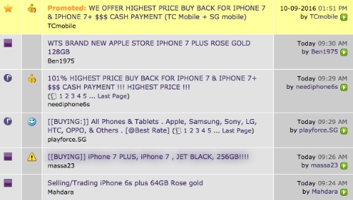 Những lời chào mời thu gom iPhone 7 và iPhone 7 Plus ở chợ đen Singapore.