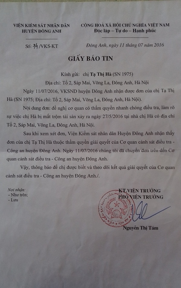 Hà Nội: Trình báo mất trộm, một phụ nữ bị dọa giết