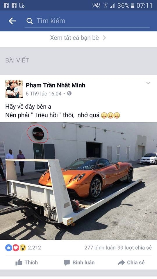 Hình ảnh chiếc Pagani Huayra được Minh Nhựa chia sẻ khi còn ở nước ngoài tố cáo địa điểm mua xe là đại lý Al Ain Class Motors.