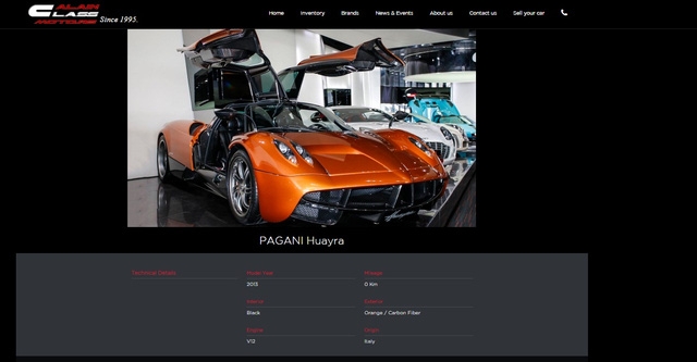 Thông tin về chiếc Pagani Huayra trên trang web của đại lý Al Ain Class Motors, Dubai.