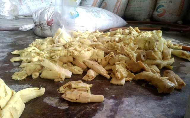 Măng tươi ngâm trong hóa chất và nằm dưới sàn nhà