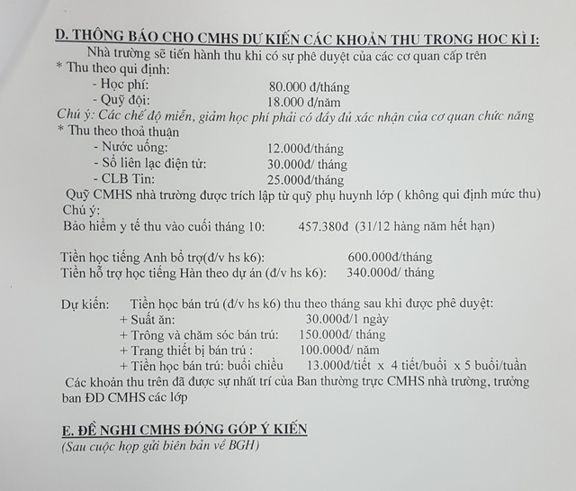Thông báo cho các bậc cha mẹ học sinh dự kiến các khoản thu trong học kỳ 1.