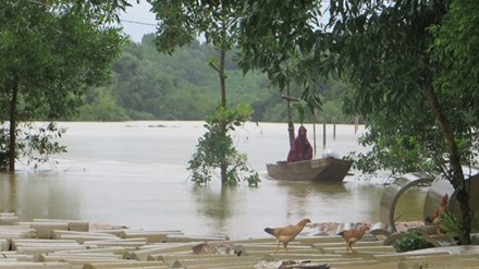 Lũ cô lập, dân Phương Điền (Hương Khê) chỉ có thể đi lại trên chiếc đò nhỏ. ảnh VH
