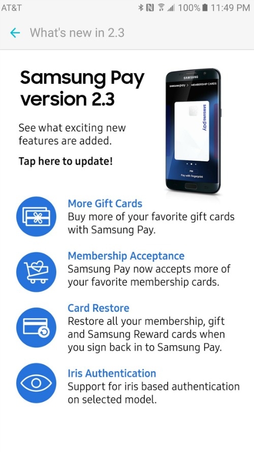 samsung pay da cap nhat dong bo luu tru dam may, ho tro may quet mong mat hinh anh 1