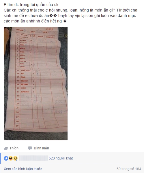 tờ hoá đơn ghi món ăn lạ đời
