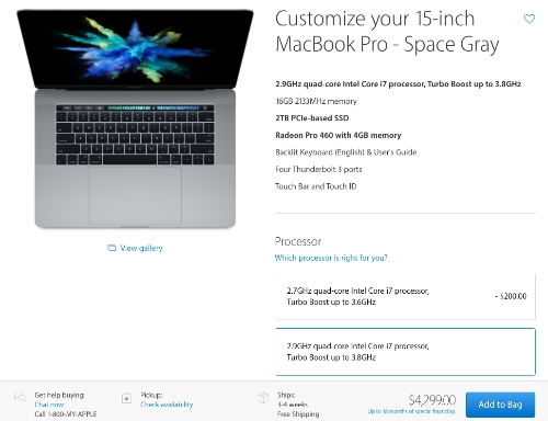 Giá bán cho tuỳ chọn cấu hình cao nhất của MacBook Pro 2016 15 inch lên tới 4.299 USD.