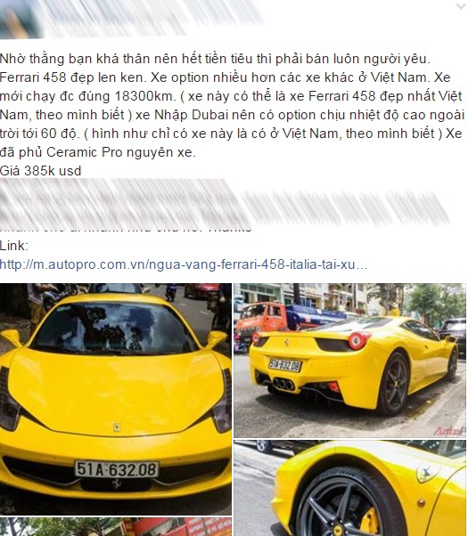  Thông tin rao bán chiếc Ferrari 458 Italia với giá 8,7 tỷ Đồng. 