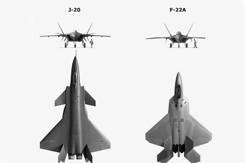 J-20 có kích thước lớn hơn đáng kể so với F-22 Mỹ. Đồ họa: Pinterest
