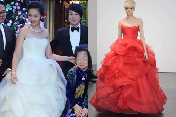 cô dâu Trương Huệ Vân vô cùng nổi bật với váy cưới trắng tinh đối lập với tông trang điểm và phụ kiện tóc màu đỏ nhung gợi cảm
