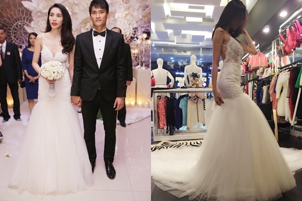 Đám cưới của cặp đôi vàng showbiz Việt Công Vinh - Thuỷ Tiên đã khiến báo giới tốn không ít giấy mực vì sự đầu tư lên đến hàng tỷ đồng. Trang phục cưới của Thuỷ Tiên cũng được chăm chút kỹ lưỡng. Thủy Tiên đã thay 3 bộ váy trong tiệc cưới của mình, ấn tượng nhất trong số đó là chiếc váy 2 dây cúp ngực xoè đuôi cá lộng lẫy có giá lên tới 500 triệu đồng. Chiếc váy được stylist Đỗ Long chia sẻ dùng hoàn toàn chất liệu nhập ngoại như ren Italy, voan cao cấp và hạt đá Swarovski.