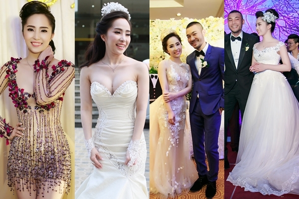 [Caption] Trong đám cưới diễn ra vào tối 23/11 ở Hà Nội, cô dâu Quỳnh Nga diện 3 chiếc váy cưới khác nhau, mỗi váy lại mang một phong cách riêng. Trang phục cưới của cô đều do nhà thiết kế Hoàng Hải thực hiện với tổng giá trị khoảng 15.000 USD.