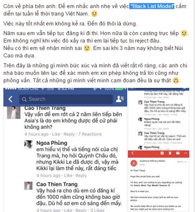 Nội dung được Cao Thiên Trang chia sẻ trên trang cá nhân của cô.