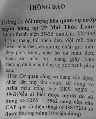 Thu hồi tờ rơi thưởng nóng 10 triệu truy tìm cướp ngân hàng ở Huế hình ảnh 2 thu hoi to roi thuong nong 10 trieu truy tim cuop ngan hang o hue hinh anh 2