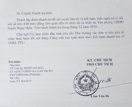 Chủ tịch UBND tỉnh Cà Mau chỉ đạo Thanh tra Nhà nước tiến hành thanh tra làm rõ nghi vấn số tiền 840 ngoài sổ sách ngay trong tháng 12/2016.