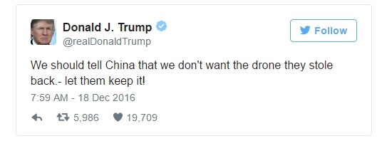  Ông Trump bình luận trên Twitter rằng Trung Quốc hãy giữ lại tàu lặn đã thu của Mỹ ở Biển Đông. (Ảnh: Twitter) 