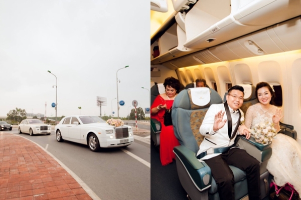 [Caption]Dàn siêu xe đưa dâu, trong đó nổi bật nhất là hai chiếc xe Roll Royce màu trắng, trên đường di chuyển đến sân bay Nội Bài.Đức Thắng đã không ngần ngại bao trọn cả khoang khách hạng thương gia để đưa nàng về dinh.