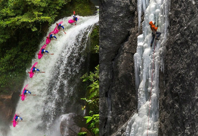  Ben Marr (ảnh trái), với khoảnh khắc chèo thuyền ở thác nước tại Vera Cruz, Mexico. Trong khi đó, một nhà leo núi chinh phục Spada Nella Roccia thuộc dãy núi Dolomites, Italia. Đây là một trong những chặng leo được đánh giá khó khăn nhất thế giới. 