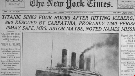 Sự kiện Titanic chìm trên báo Mỹ ngày 16-4-1912. Ảnh: CNN 