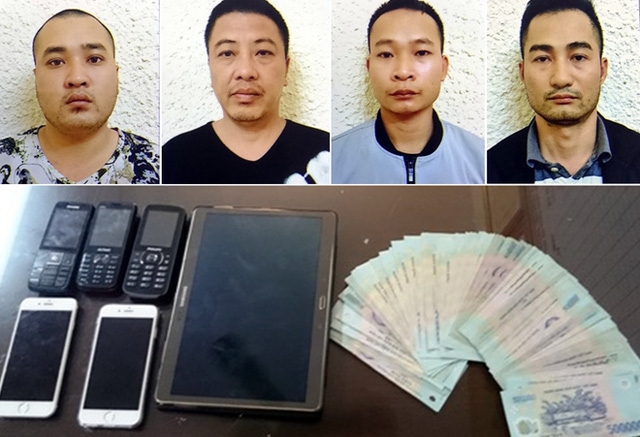Các đối tượng Giang, Tuấn, Lợi, Chung và tang vật vụ án.