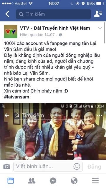 VTV lên tiếng về tài khoản Facebook giả mạo MC Lại Văn Sâm