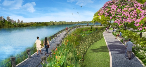 Có 2 lối dạo bộ tại Sakura Park gồm lối tản bộ dọc bờ sông và lối bộ hành với hàng cây hoa anh đào được trồng trên toàn bộ cung đường.
