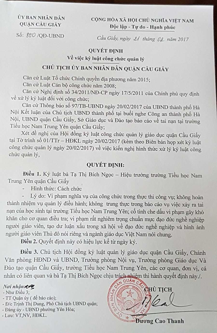 trường tiểu học nam trung yên, cách chức hiệu trưởng, Tạ Thị Bích Ngọc, Trần Chí Kiên,